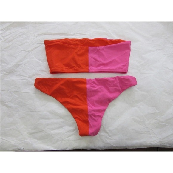 NWOT PilyQ S Color Block Bandeau Bikini Top & Bottom Pink Orange 98740